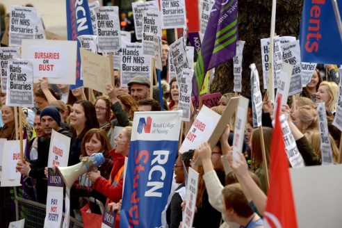 Protests taking place in London in 2015 over the scrapping of nursing bursaries