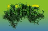 The word 'NHS' is covered with a moss-like maternial and sits on a green and blue background